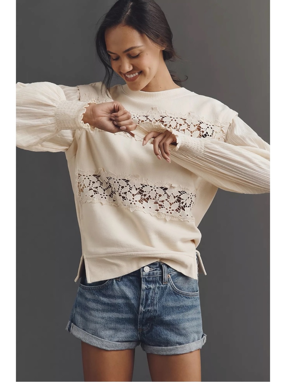 Anthropologie Dainty Cottage Floral Eyelet Lace Pullover Sweatshirt Cream XL NWT